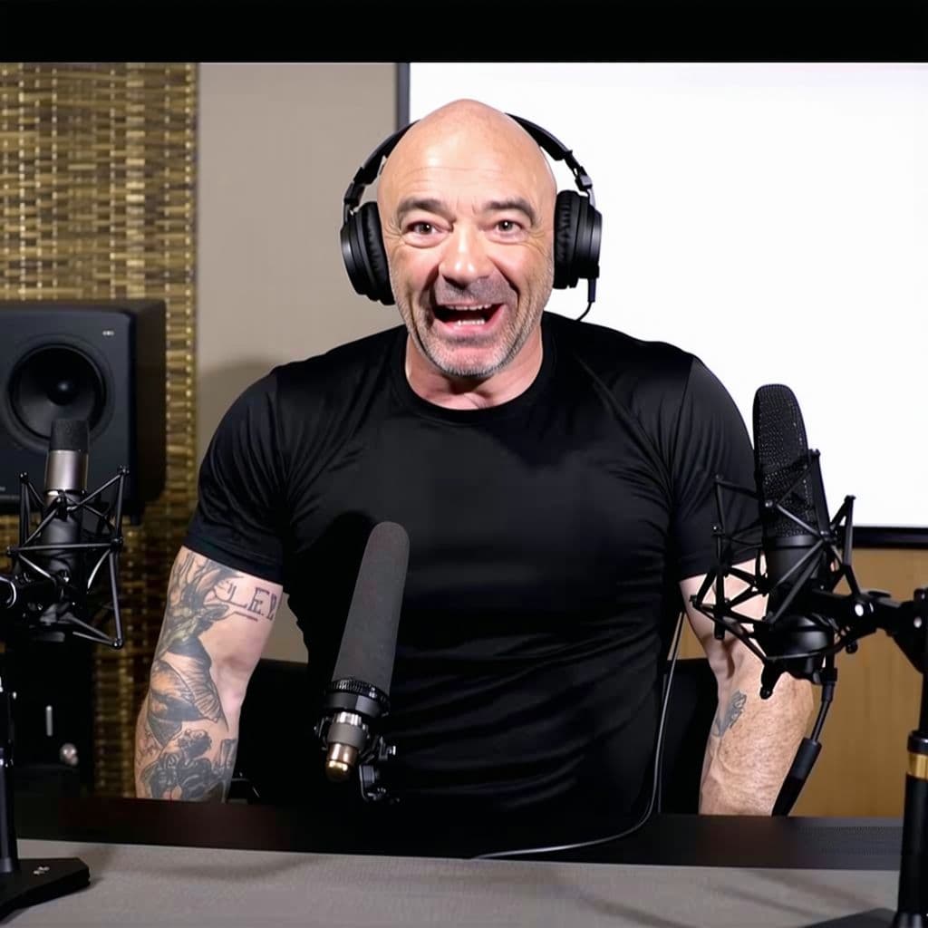 AI generated: Joe Rogan catches hitler breaking onto his set during a podcast and welcomes him