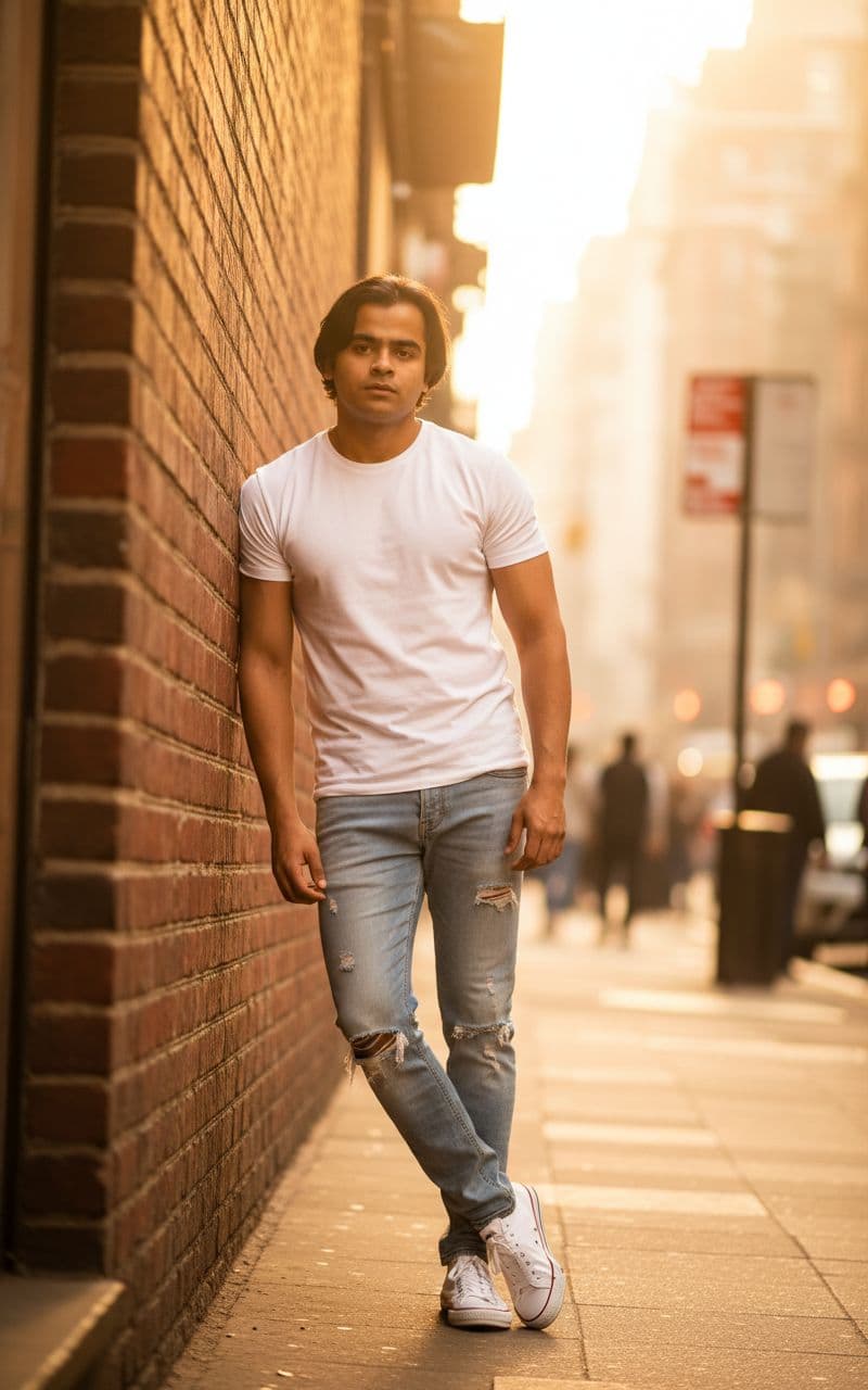 AI generated: a stylish young man with a lean, toned physique height 5feet 6inch, brown eyes, black hair same as r...