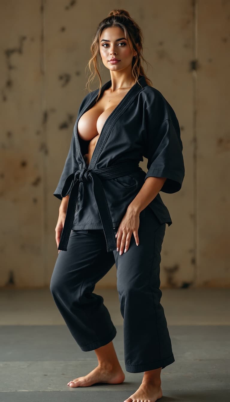 AI generated: beautiful girl, fit, thick, ((workout in judo dojo )), (judo GI and yoga pants), big breast, workout...