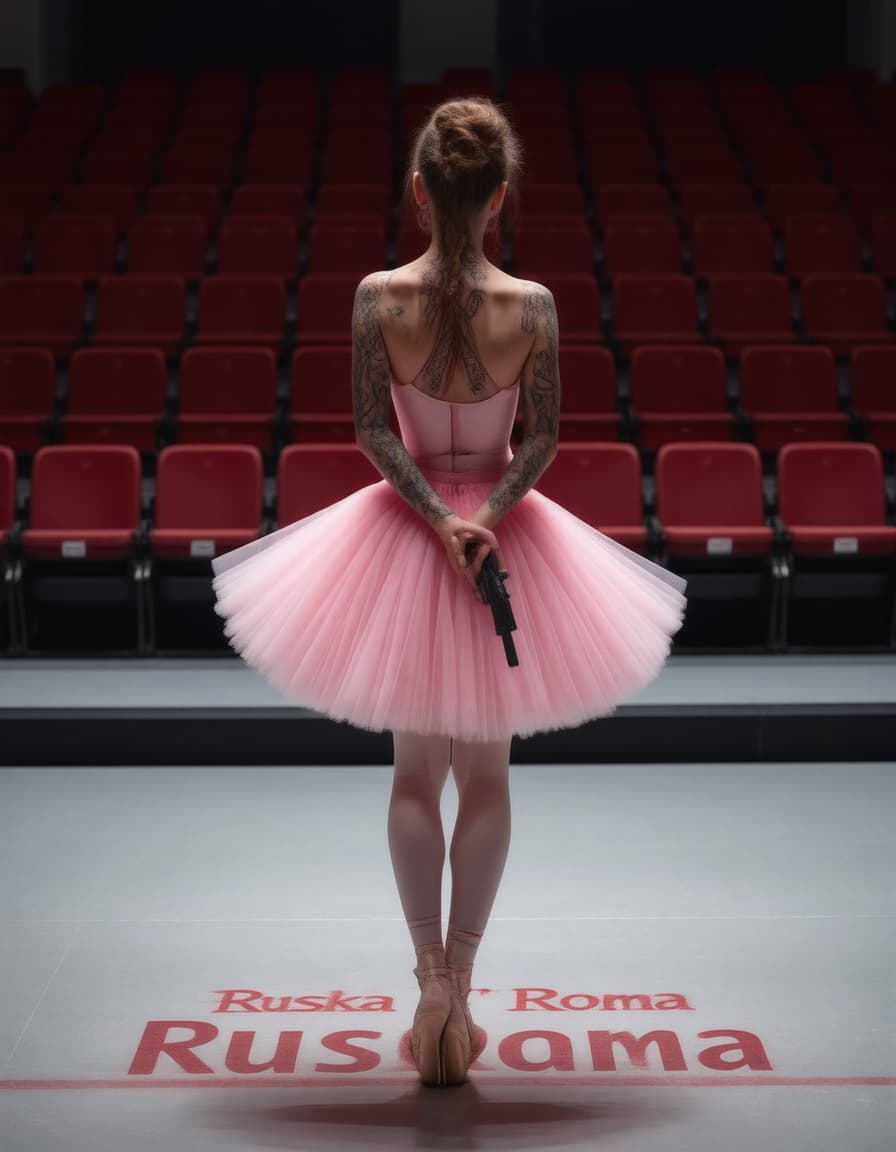 AI generated: A striking and surreal portrayal of a ballerina standing in the middle of a stage, wearing a soft pi...