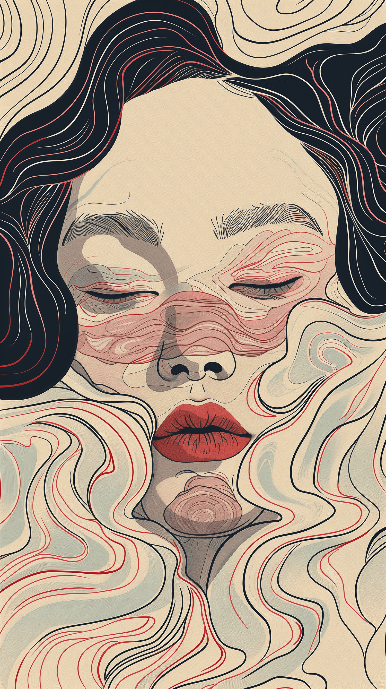 AI generated: illustration, art, woman, face, simplify, outlines, pattern, series, original --ar 9:16 --style raw