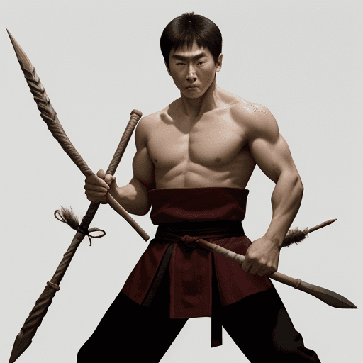 AI generated: A young man stands tall and strong like Jet Li and Jackie Chan mythology, The spear at neck level ho...