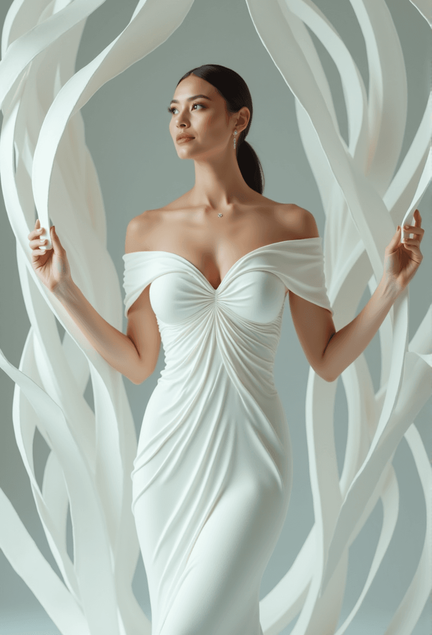 AI generated: The image features a woman standing confidently with both hands lightly touching the swirling, ribbo...