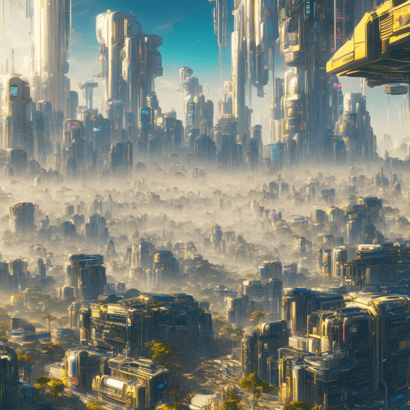 AI generated: a bright sunny hopeful sythwave cyberpunk utopia 8k photorealism detailed, large sky, golden and whi...