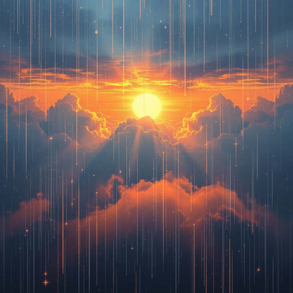 AI generated: create a glitch art image of the sky while raining with the sun underneath,undertones of orange blue...