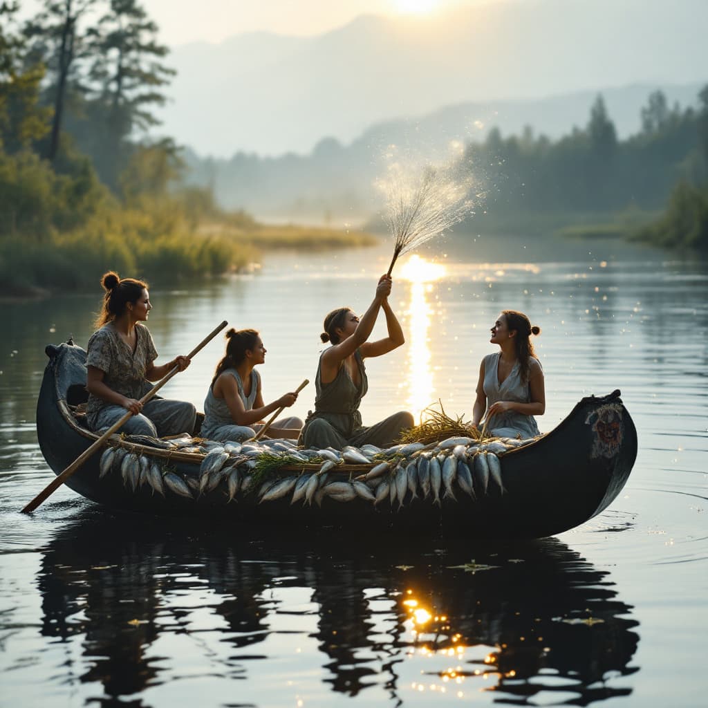 AI generated: A  canoe showing women catching fish in the river. using soft light reflection and creative moves am...