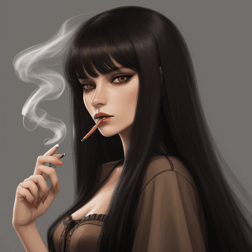AI generated: Valorant Woman with long black hair with curtain bangs and brown eyes smokes a cigarette, Valorant A...