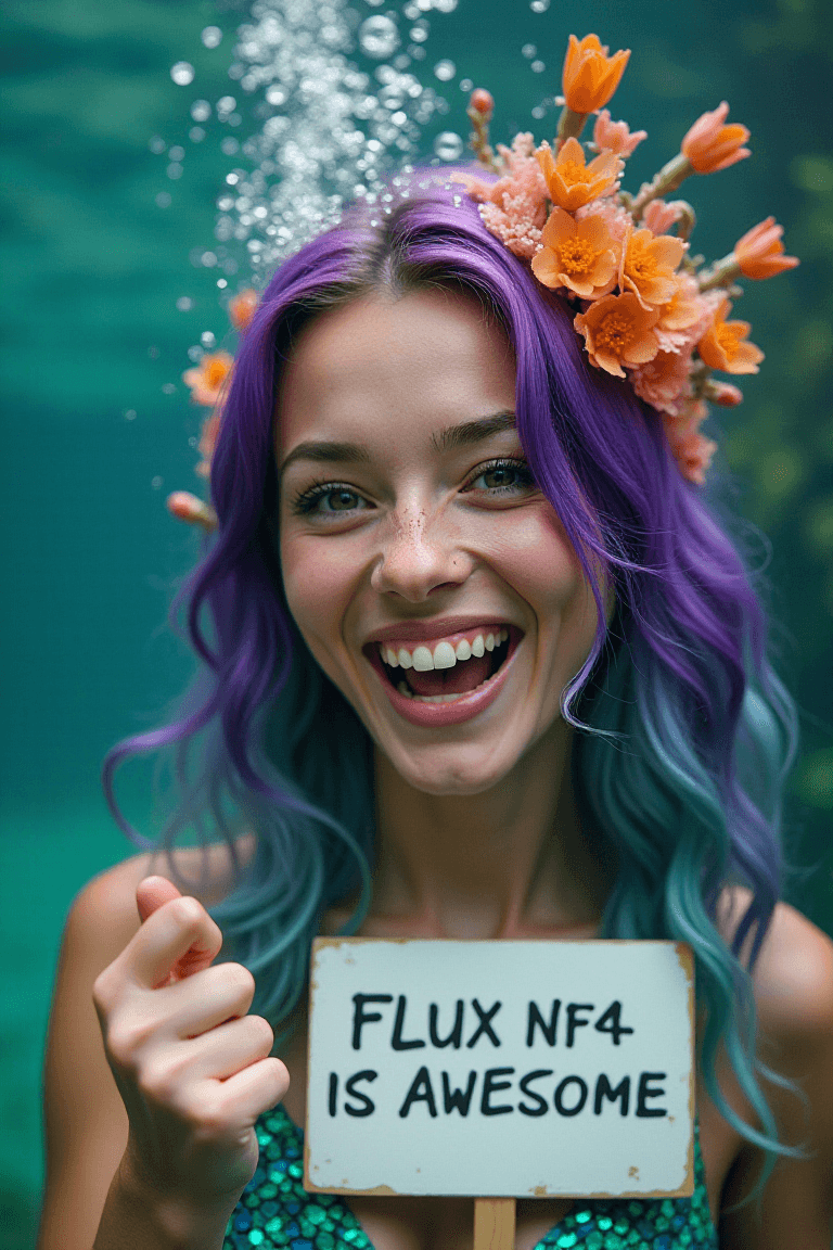 AI generated: Frontal portrait of a whimsical and colorful 30 year old woman resembling a mermaid or siren. She is...