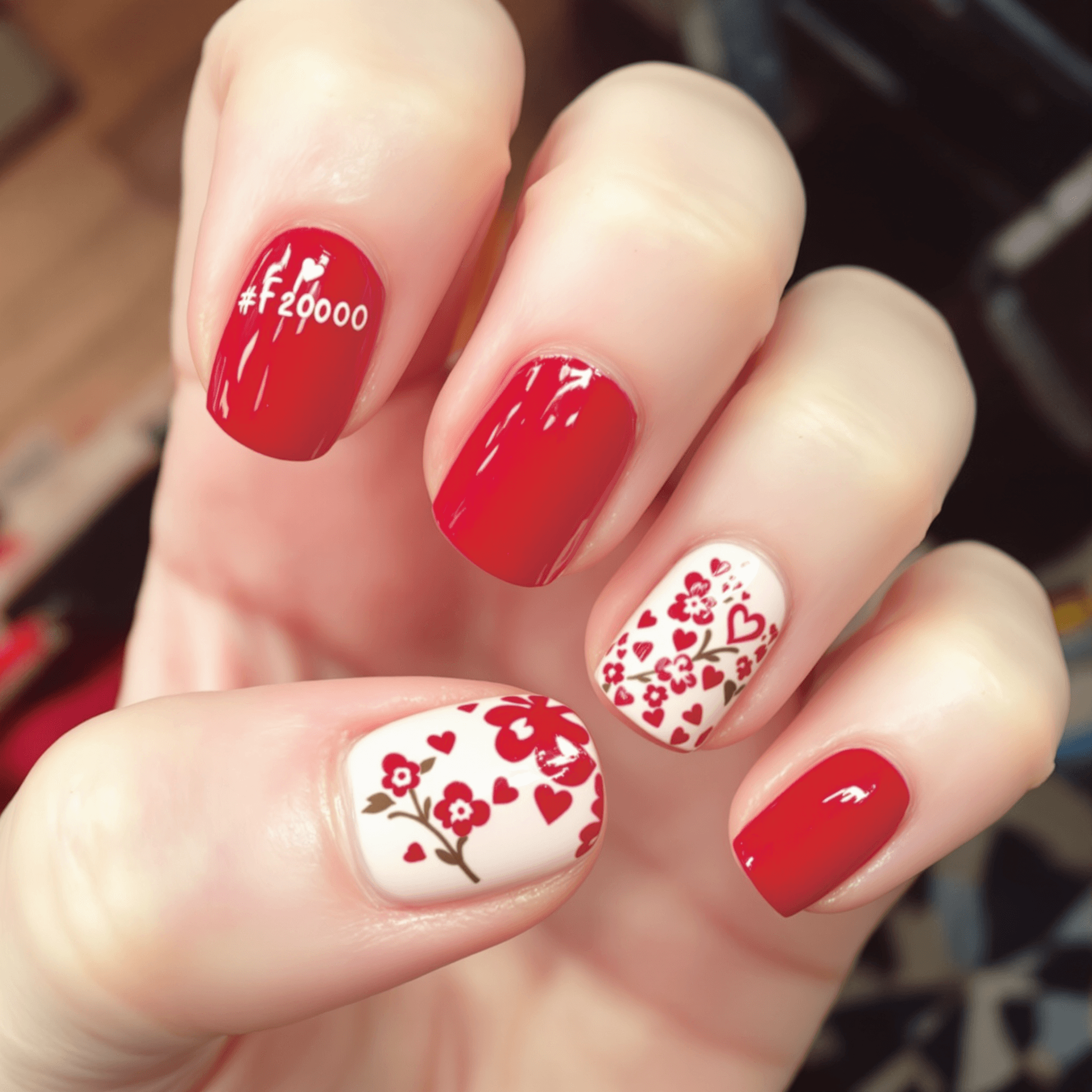 AI generated: A photo of a simple natural nails design with this Red #ff0000 and simple hearts and flowers in the ...