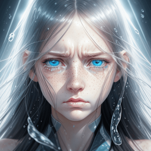 AI generated: full body illustration, Digital illustration, crying woman, tear in her eyes, shiny thick long hair,...