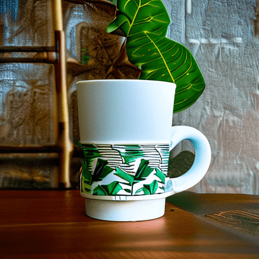 AI generated: A beautiful coffee cup on a desk in tropical modernism style inside of a forest and full of trees an...