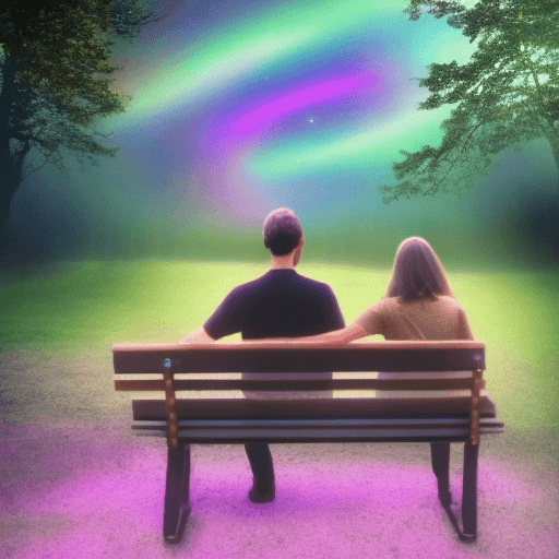 AI generated:  color photo of TWO ethereal auras, showcasing their love, sitting on a bench in front of a marketin...