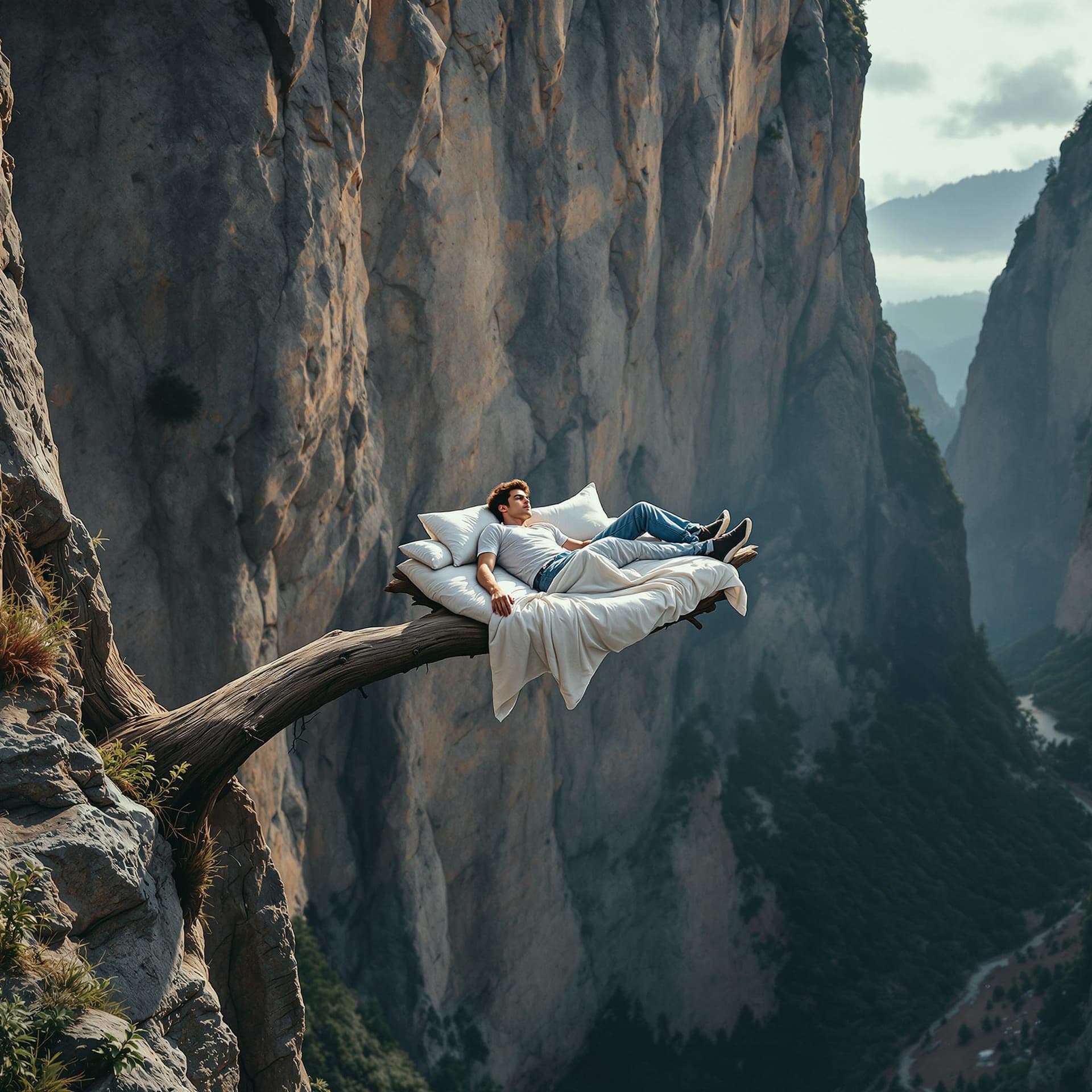 AI generated: acrophobic composition, photo at an extreme angle from the center of a steep cliff a branch sticks o...