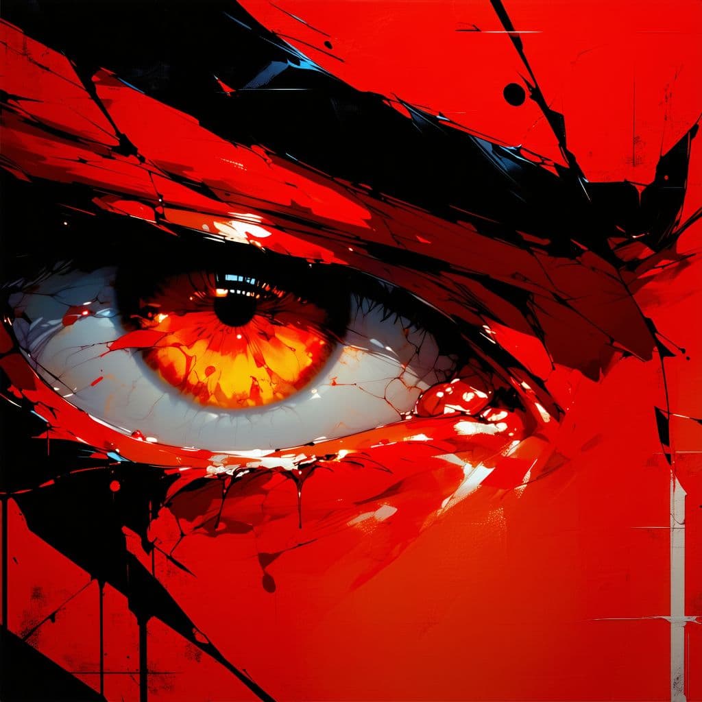 AI generated: manga panel of a close-up eye, intense, against a dark red background, in the style of Kentaro Miura...