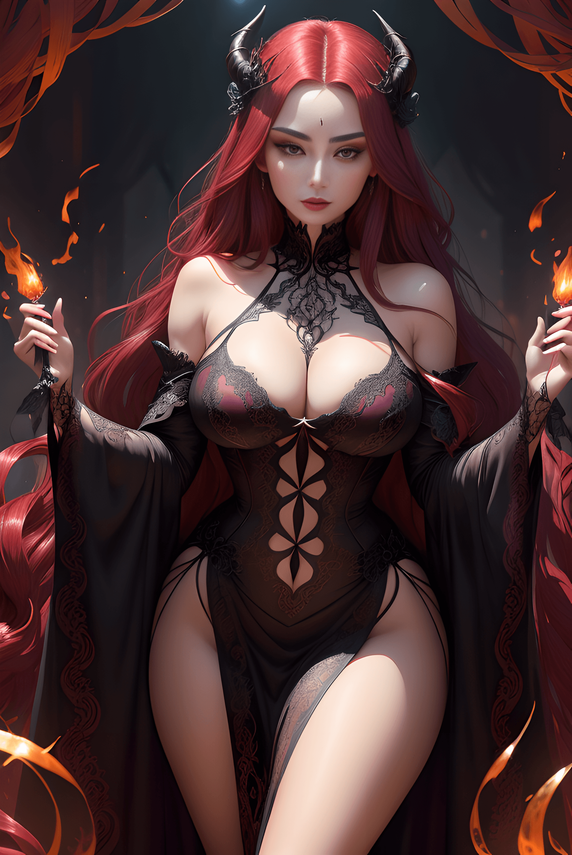 AI generated: The demon mommy's form materializes with a sublime mix of grace and menace. Her lithe silhouette cas...