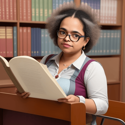 AI generated: professora loura com óculos, de meia idade a dar aula de Latim na universidade