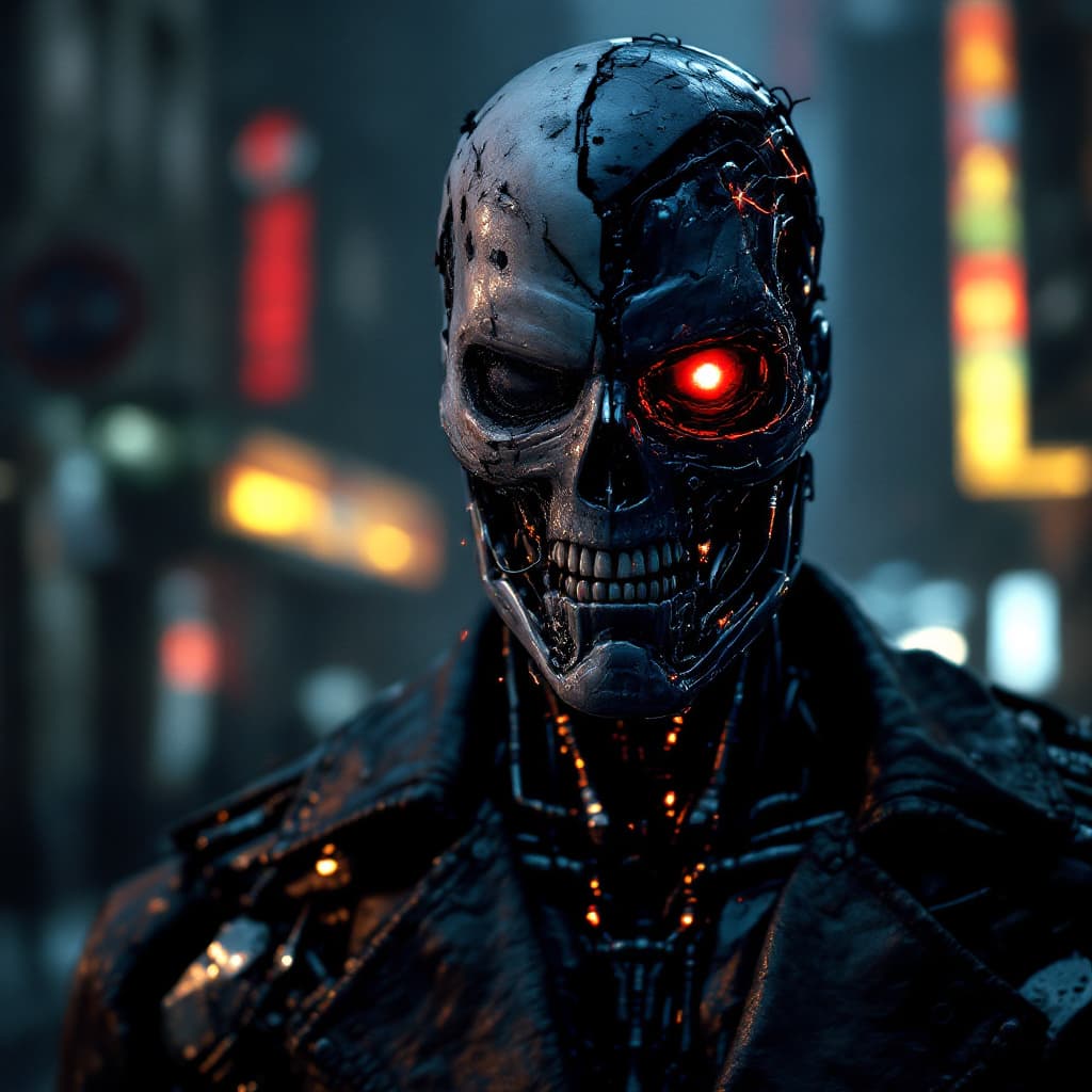 AI generated: A **battle-worn T-800 Terminator** stands **menacingly in a dark, smoke-filled urban warzone**, illu...