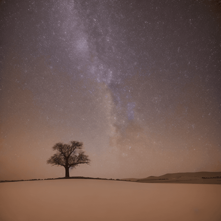 AI generated: A solitary tree stands tall against a backdrop of a clear night sky filled with countless stars. The...