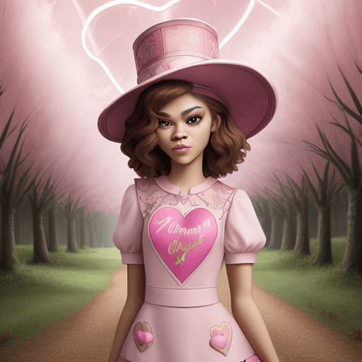 AI generated: Zendaya Holland caricature with rome clothes, landscape pink trees in silence forest with heart shap...
