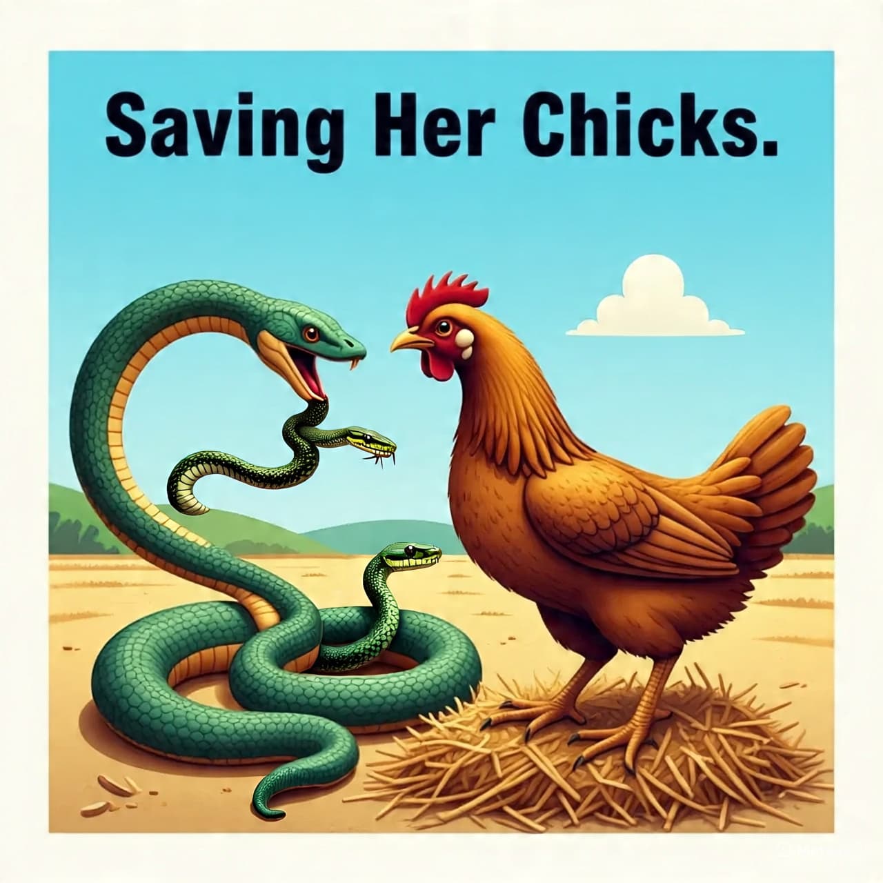 AI generated: {
  "title": "Saving Her Chicks",
  "description": "A dramatic depiction of a mother hen fiercely ...