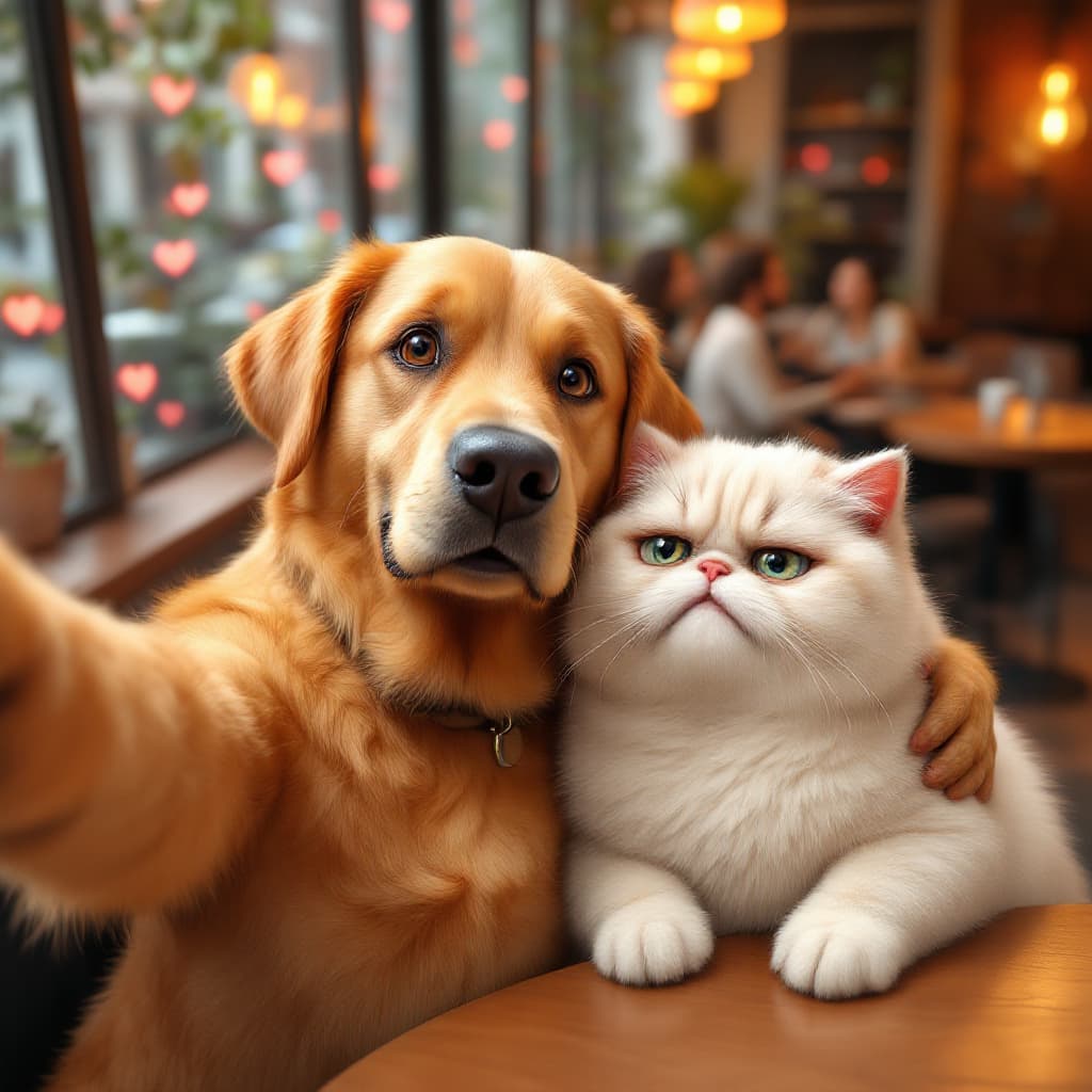 AI generated: An anthropomorphic golden Labrador retriever with big, expressive eyes and a big smile takes a selfi...