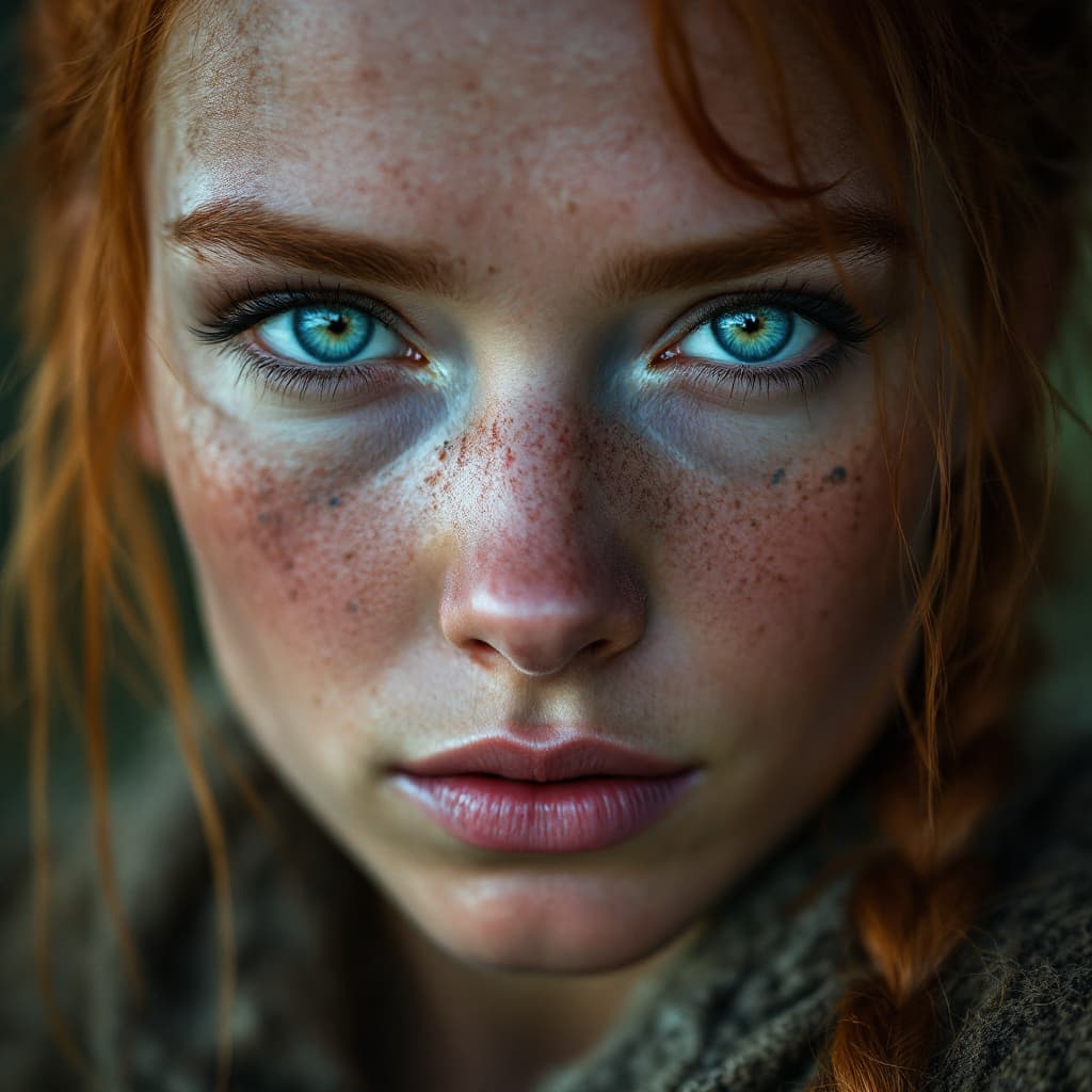 AI generated: Close-up photograph of the face of a pony-tailed red-haired woman with a very beautiful dirty face, ...