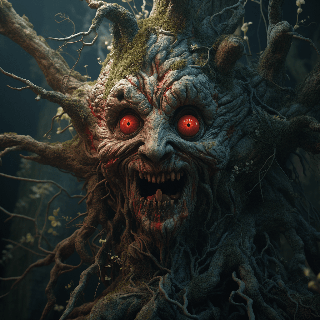 AI generated: a scary looking wood creature with a red eye, in the style of filip hodas, daz3d, sandy skoglund, na...