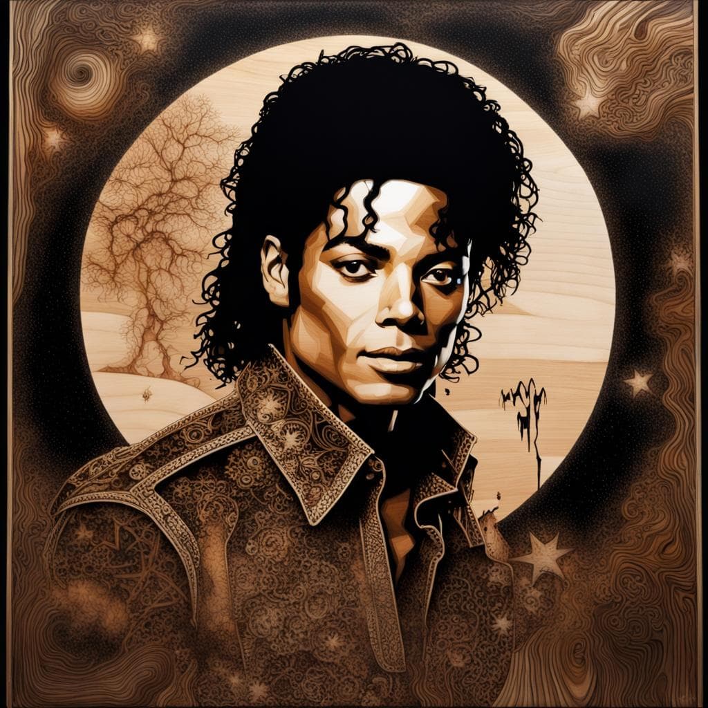 AI generated: a visually striking and surreal double exposure pyrography artwork that merges the iconic image of M...
