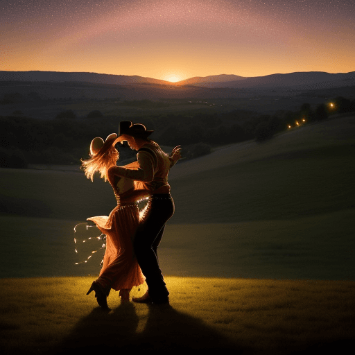 AI generated: a cowboy dancing with his girl under fairy lights at sunset with rolling hills in the back and his h...