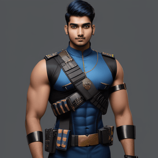 AI generated:  indian male age 26, broad shouldered, very muscular, 2 meters tall , metal  skin tight body suit,  ...