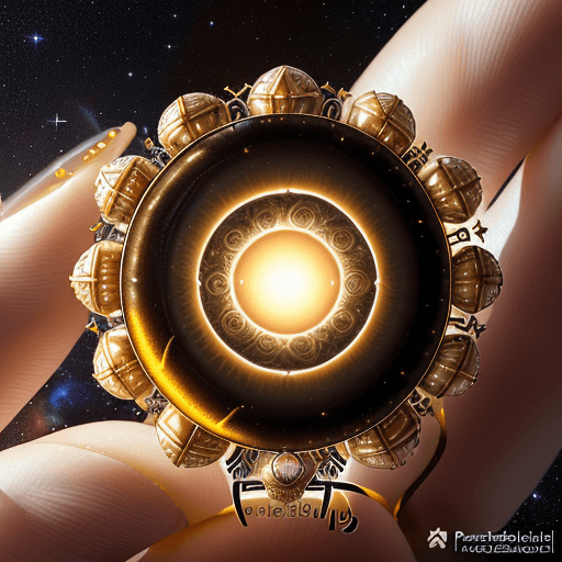 AI generated:  Amazing Macro shot of Resin Planet golden city in the clouds interstellar ring by Hasselblad X2D 10...