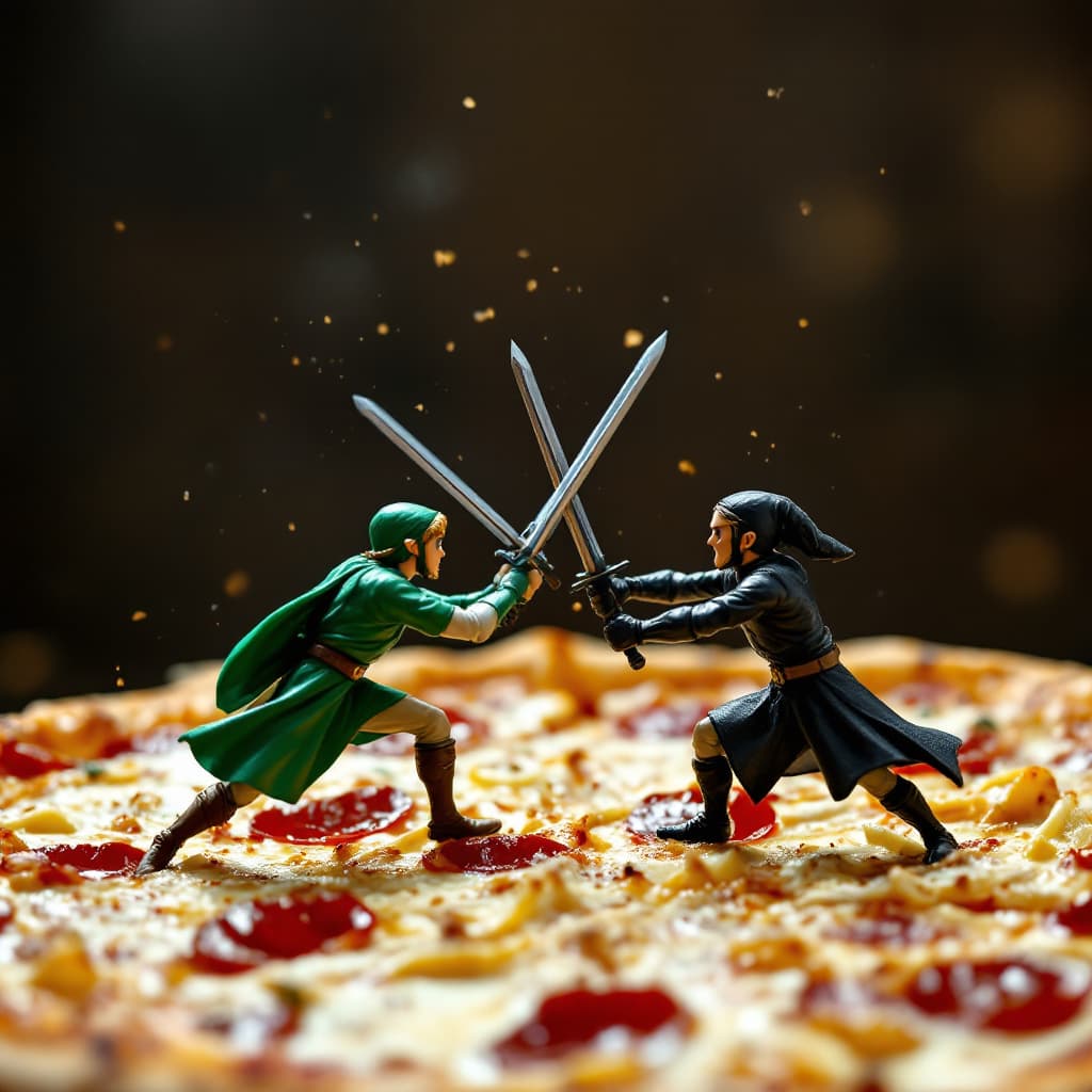 AI generated: tiny men fighting with swords above a pizza , the men wearing green and the other team wearing black...