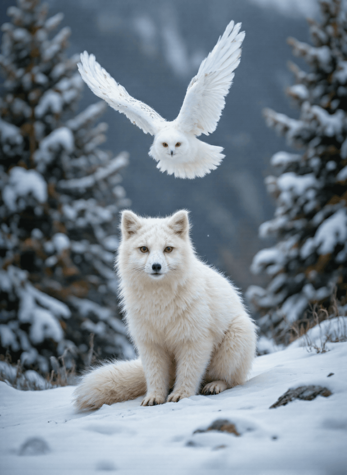 AI generated: The image depicts a serene winter scene featuring two prominent animals set against a backdrop of sn...