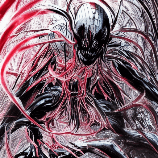 AI generated: Tsutomu Nihei style, beautiful demon girl, symbiote, venom, marvel graphics, futuristic style, Sci-f...