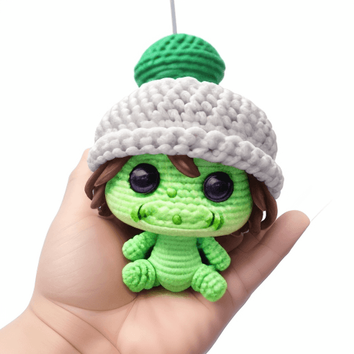 AI generated: handmade diy caractor colecttion Nendoroid style (Amigurumi chibi green and rainbow frog, dynamic co...