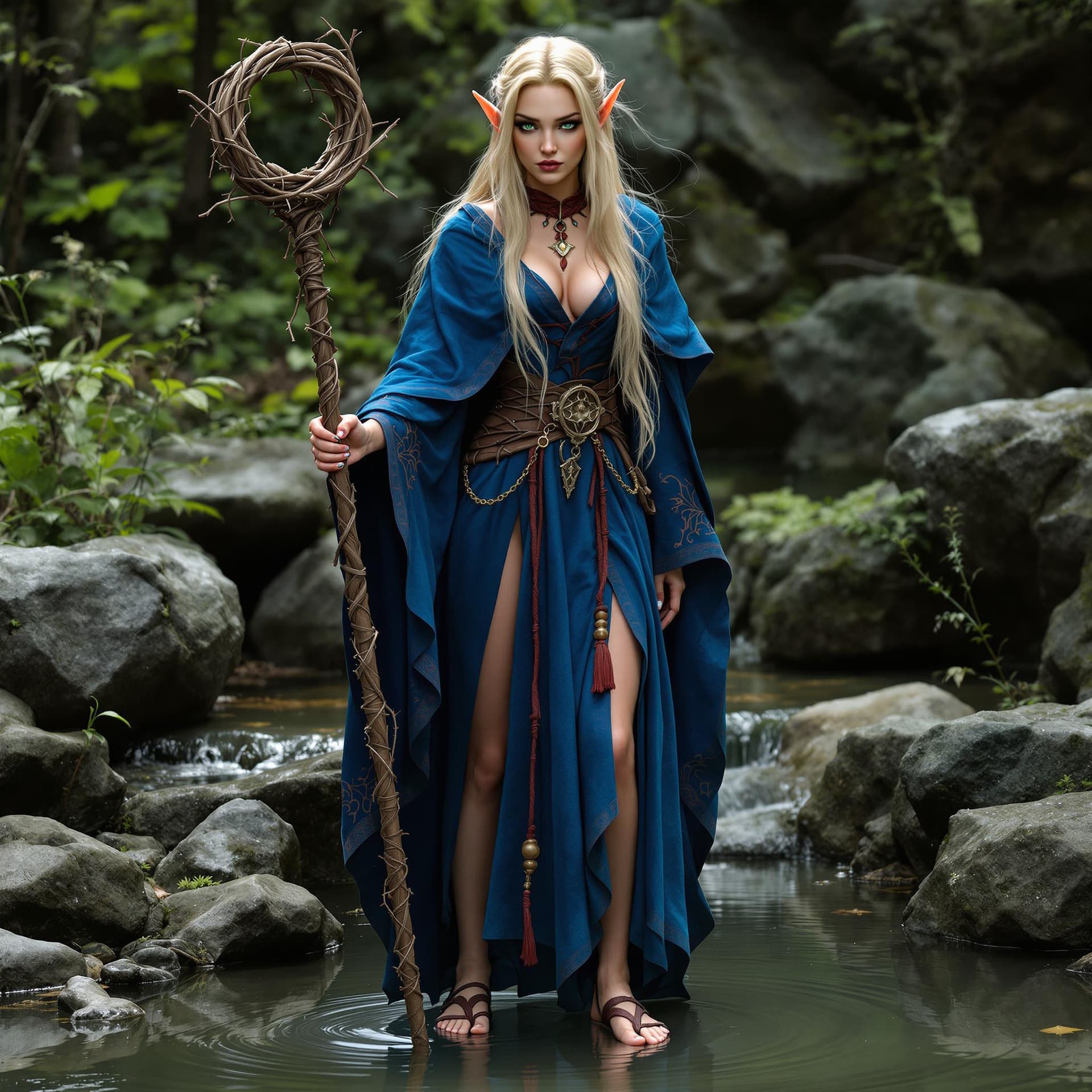 AI generated: 
Full body of an elven sorceress (Marcille Donato), blonde, medium height, green eyes, small pointed...