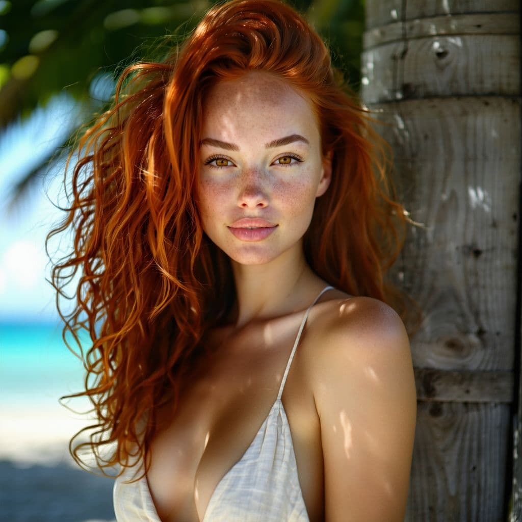 AI generated: A stunning 24-year-old Brazilian woman with vibrant ginger hair that cascades in soft waves over her...