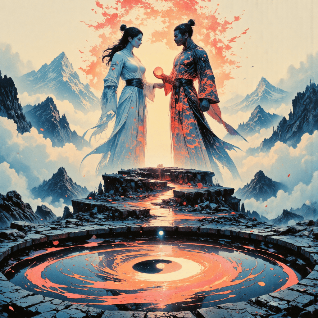 AI generated: Epic ink-wash x anime-cel fusion, high-detail, sweeping cinematic scale, soft golden hour light
— A...