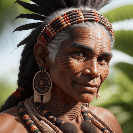 AI generated: close-up portrait man ((Amazonian aborigine)) looking straight ahead, (prominent smile, very marked ...