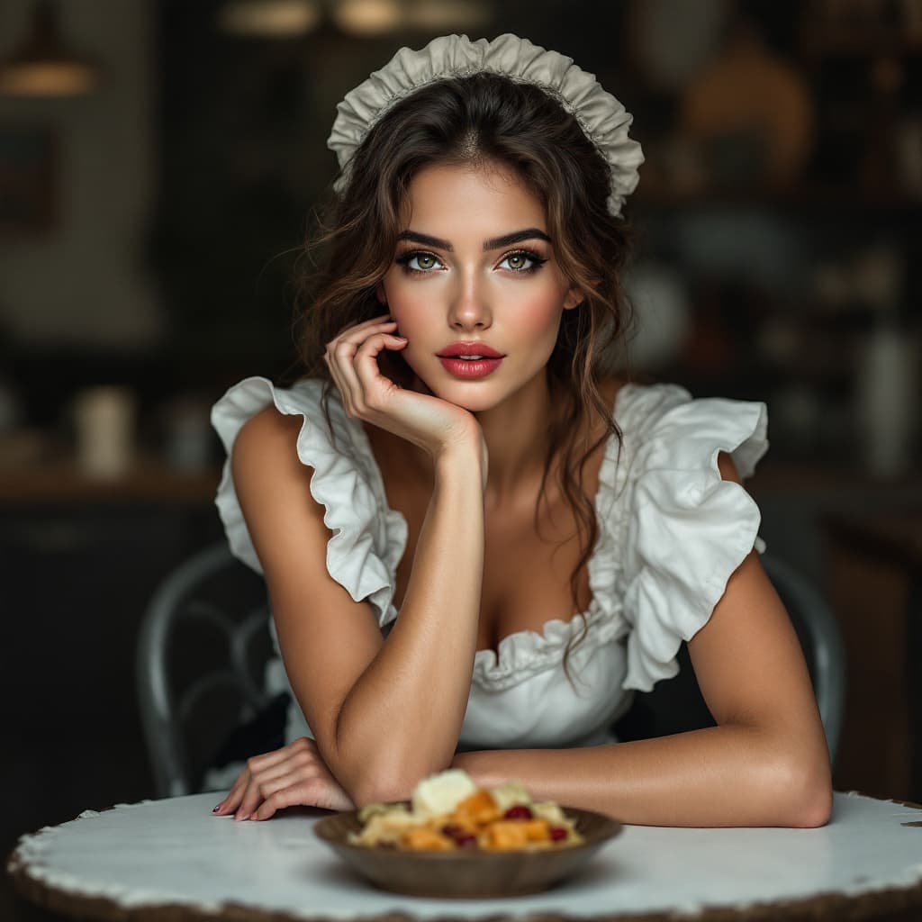 AI generated: female,gorgeous caucasian female dressed as maid, hausemaid, sitting on the table, attractive, flirt...