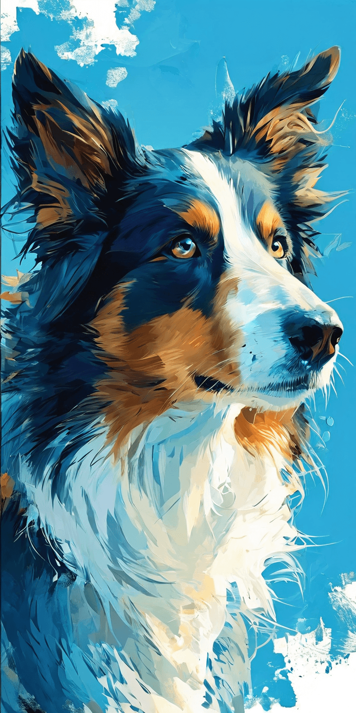 AI generated: illustration, border collie dog face, emerald light brown eye, simplify, expressive eyes and a playf...