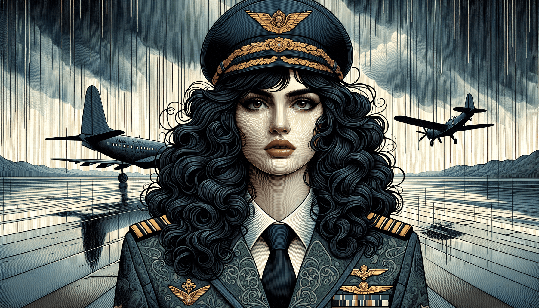 AI generated: woman in a pilot uniform, with long black hair and flowing curly bangs, against a background of a mi...