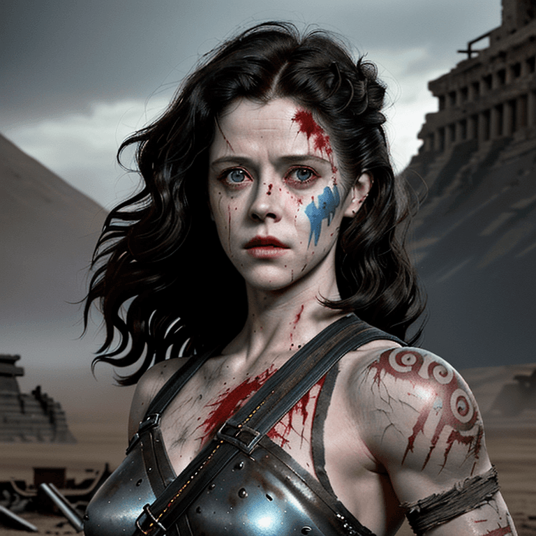 AI generated: portrait of young Sigourney Weaver as a mad max post apocalyptic female cyberpunk warrior, norse myt...