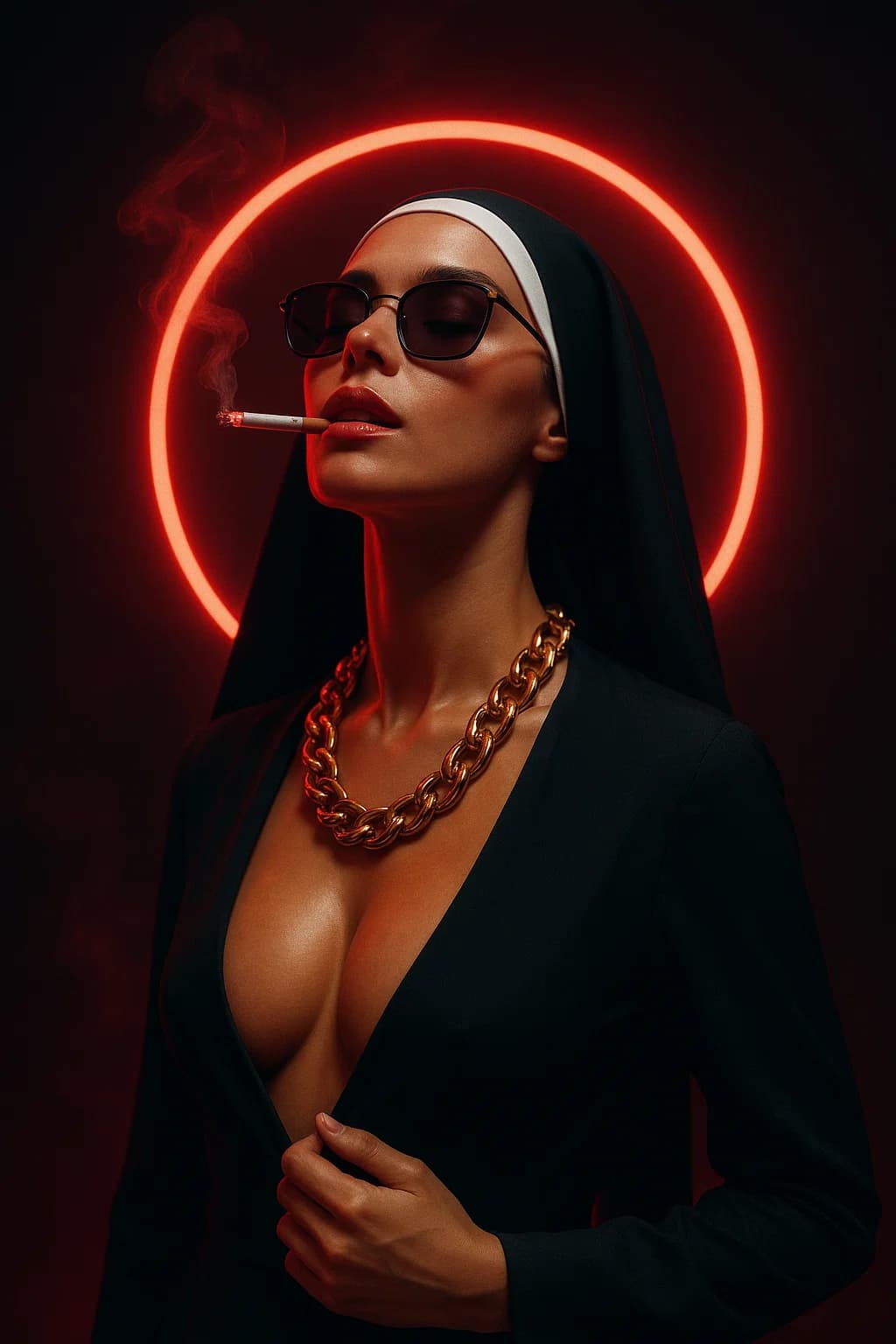 AI generated: ....sleek minimalist black nun robe with ultra ultra extra extra deep influencer cleavage....