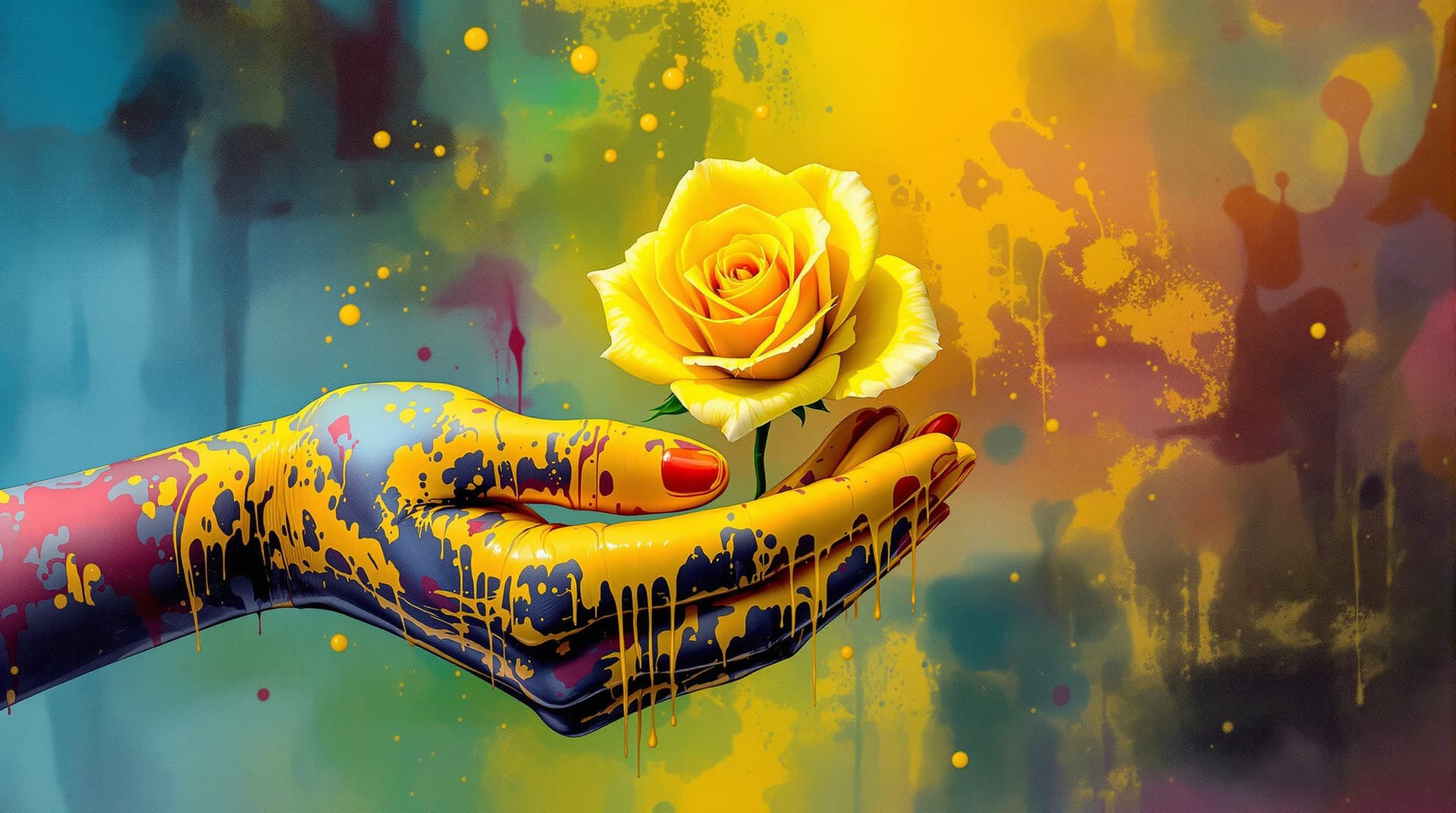 AI generated:  random pose,  two hands asiatic tatoo skin, giving   a  yellow  rose ,the flower is made of drippin...