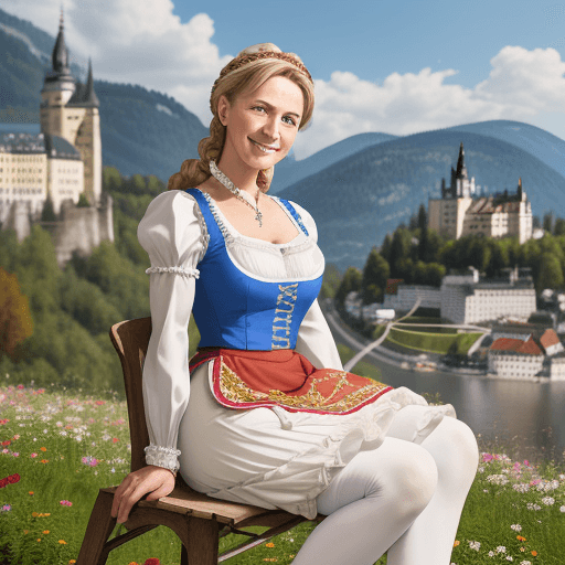 AI generated: Full body photography of an austrian mature woman wearing a traditional Dirndl tyrolean short dress,...