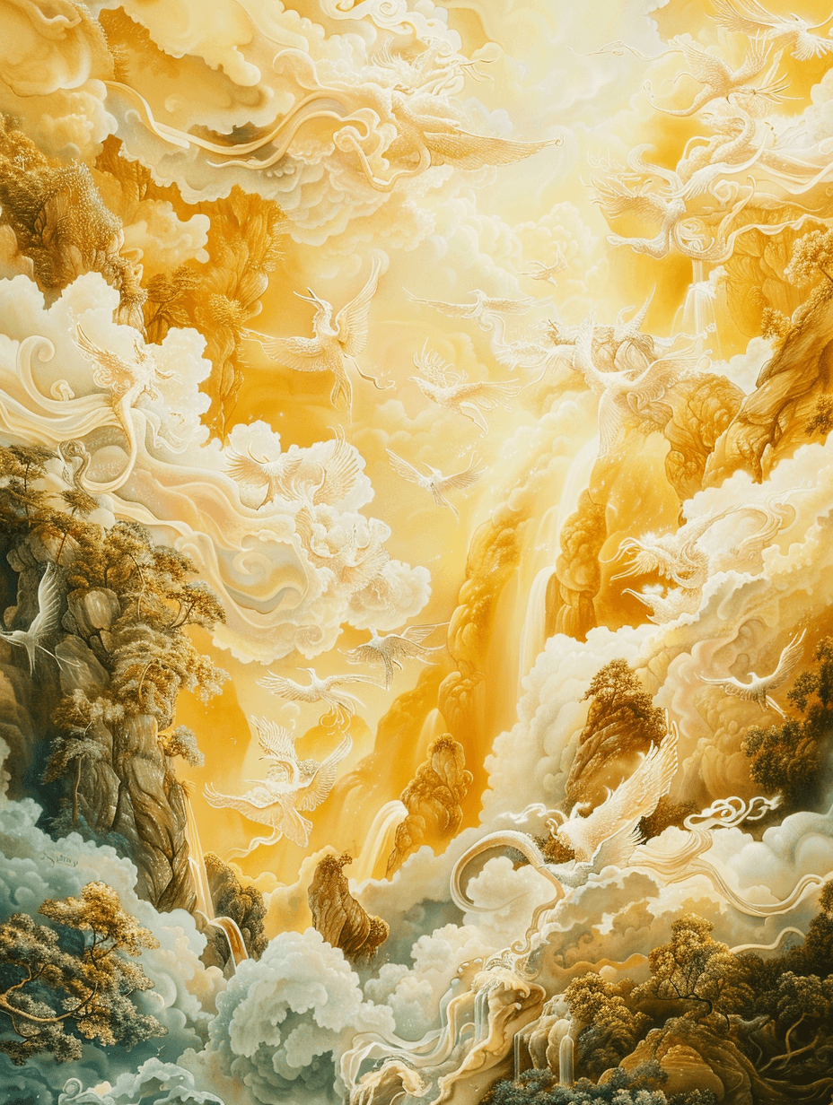 AI generated: Kizil Grottoes murals, paintings, heavy color paintings, mainly white, immortals, fairy clouds, gold...