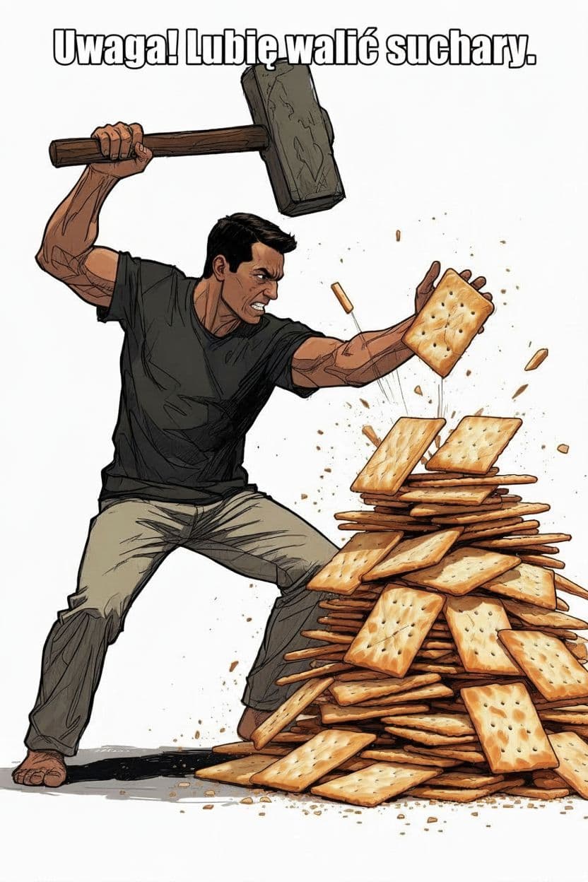 AI generated: A realistically looking cartoon man smashing a stack of rusks with a hammer. On top of the picture t...
