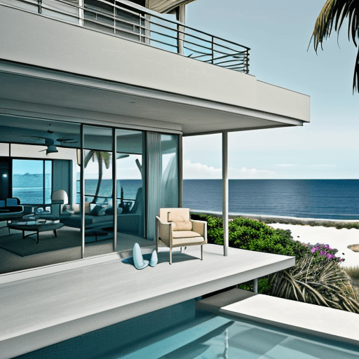 AI generated: Hyper realistic eye level exterior photo of a mid century modern style house overlooking the ocean,r...