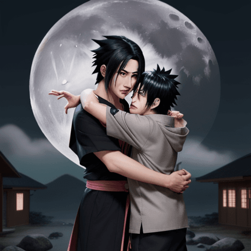 AI generated: 4k, 2 boys, yaoi, naruto, sasuke, love, night, hug, home, moon 